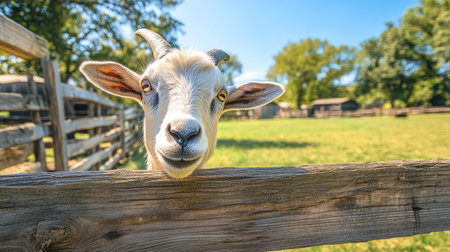 A curious goat peeking through a wooden fence in a sunny barnyard, with a field of green grass behind.の素材