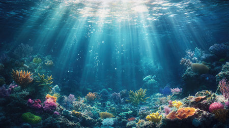 A peaceful underwater landscape with rays of sunlight breaking through the water and illuminating a coral reef below.の素材