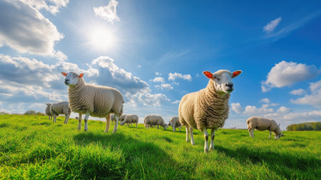 Sheep grazing on lush, green pasture under a bright sky, symbolizing fresh, natural feeding methods.の素材