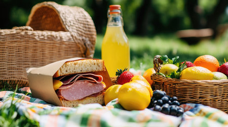 A picnic setup with a ham and cheese sandwich wrapped in paper, alongside fresh fruit and a bottle of lemonade.の素材