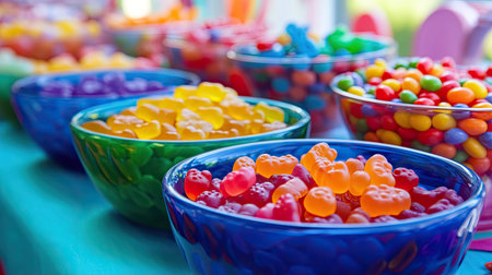 A colorful spread of gummy bears, sour worms, and jelly beans in bowls on a party table.の素材