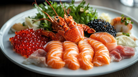 A gourmet seafood platter with smoked salmon, caviar, lobster, and shrimp, arranged artfully on a white plate.の素材