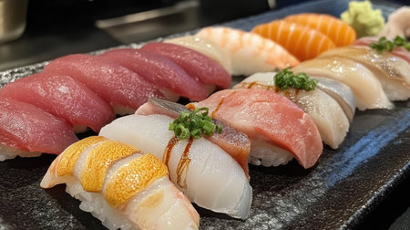 A vibrant omakase platter featuring toro nigiri, scallop sashimi, and uni, arranged with care and precision.の素材