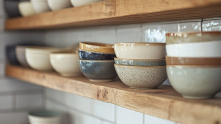 A row of ceramic mixing bowls in various sizes, stacked neatly on a wooden shelf in a home kitchen.の素材