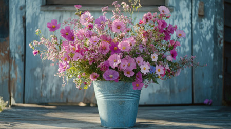 A bouquet of pink and purple wildflowers arranged in a rustic metal bucket, placed on a weathered wooden porch.の素材