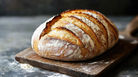 A homemade loaf of artisanal bread on a wooden board, with flour dusting the crust and surface below.の素材