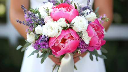 A stunning bridal bouquet with bright pink peonies, white roses, and lavender sprigs, tied with a satin ribbon.の素材