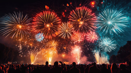 A grand firework finale, with multiple explosions of color lighting up the entire night sky over a crowded festival.の素材