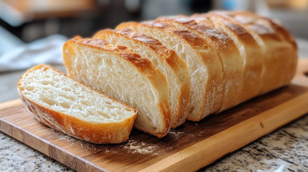 A close-up shot of sliced homemade bread, with a perfectly soft crumb and a well-browned crust resting on a wooden board.の素材