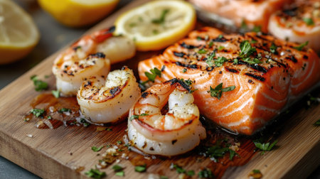 A close-up of grilled shrimp, scallops, and salmon fillets served on a wooden board with lemon slices.の素材