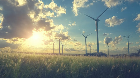 A day scene of a wind farm, with giant wind turbines turning under a bright, sunny sky.の素材