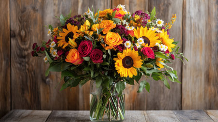 A vibrant bouquet of sunflowers, roses, and daisies in a clear glass vase, sitting on a rustic wooden table.の素材