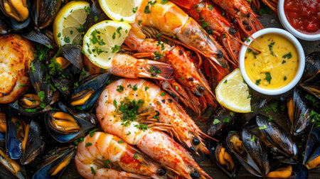 A top-down view of a seafood feast featuring grilled shrimp, lobster tails, and mussels served with dipping sauces and lemon wedges.の素材