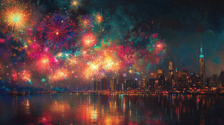 A panoramic view of fireworks over a city skyline, with colorful bursts reflected in the water below.の素材