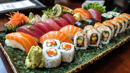 A beautifully arranged sushi platter featuring sashimi, nigiri, and colorful rolls, garnished with wasabi and pickled ginger.の素材