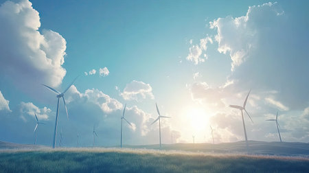 A day scene of a wind farm, with giant wind turbines turning under a bright, sunny sky.の素材