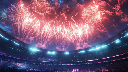 A wide shot of fireworks bursting above a stadium during a celebratory event, with bright lights and cheering crowds below.の素材