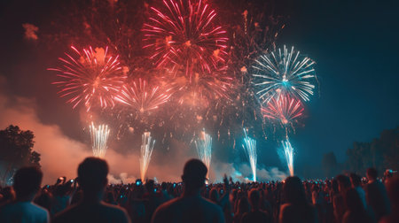 A fireworks show during a national holiday, with red, white, and blue bursts lighting up the sky over a large crowd.の素材