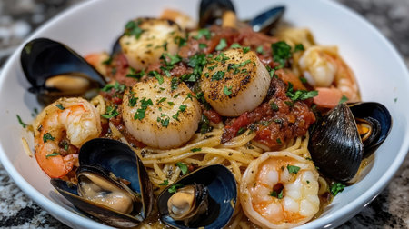 A seafood pasta dish with clams, mussels, shrimp, and scallops in a garlic butter sauce, topped with fresh parsley.の素材