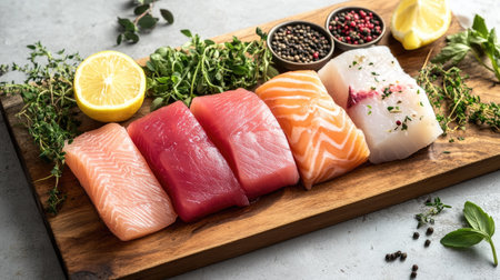 A selection of raw fish fillets, including salmon, tuna, and halibut, laid out on a wooden cutting board with herbs and lemon.の素材