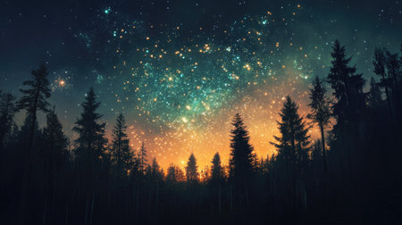 Fireworks illuminating a starry sky over a quiet forest, with bright bursts of orange and green contrasting against the darkness.の素材