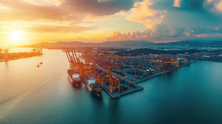 An aerial view of a large industrial port during the day, with containers, cranes, and ships docked along the coastline.の素材