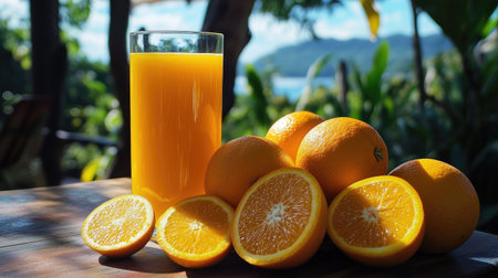 A vibrant glass of orange juice next to a pile of whole and sliced oranges, with a tropical outdoor background.の素材