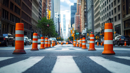 A city street lined with orange traffic poles and striped plastic tubes directing traffic flowの素材