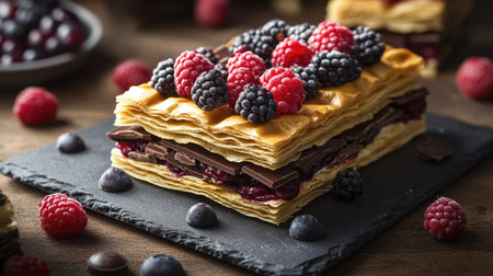 A gourmet millefeuille presented on a slate platter with artistic chocolate decorations and vibrant berry accents.の素材