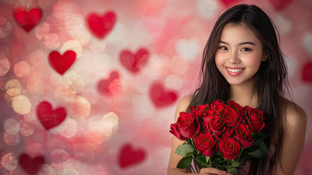 A happy woman posing with a bouquet of red roses in her hands, against a soft, heart-filled Valentine's backdropの素材