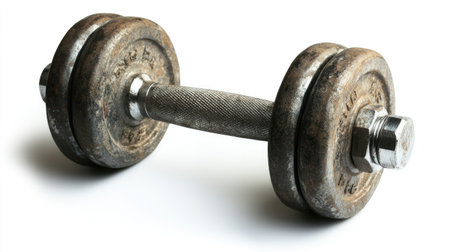 A heavy steel dumbbell isolated on a clean white background, with soft lighting bringing out the reflective surface.の素材