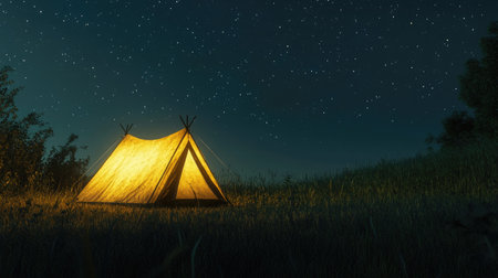 A glowing tent on a grassy field at night, with a clear, starry sky stretching across the horizonの素材
