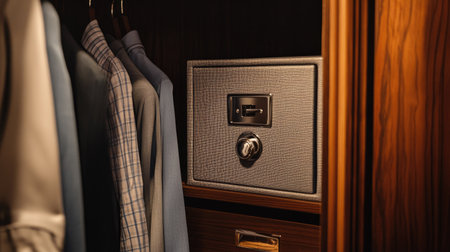 A metal safe in a hotel wardrobe, locked and ready for use, ensuring guest valuables are secureの素材