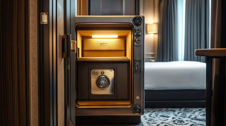 A functional metal safe in a luxury hotel room, with the open door showcasing its interior spaceの素材