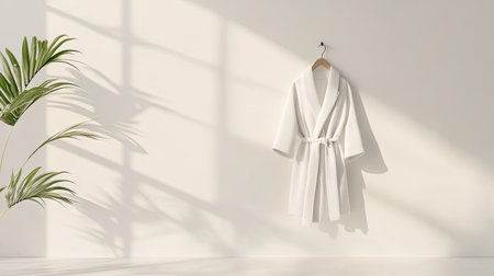 A minimalist setup with a single white bathrobe hanging on a clean, white wall in a bright space.の素材