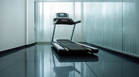 A minimalistic gym featuring an empty treadmill positioned perfectly in front of a large mirror, reflecting its features.の素材