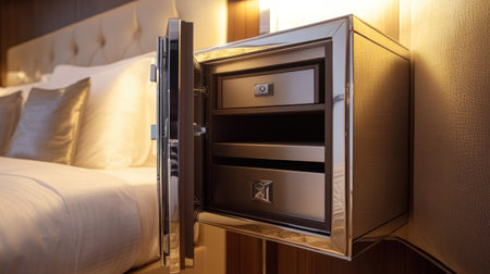 A functional metal safe in a luxury hotel room, with the open door showcasing its interior spaceの素材