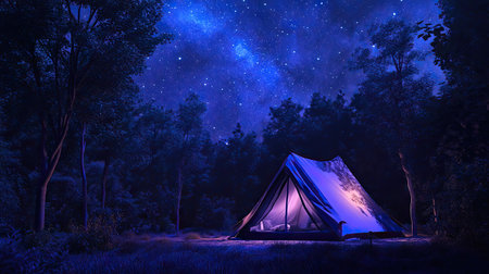 A glowing tent in a quiet campsite, with the night sky bursting with stars and a clear view of the galaxyの素材