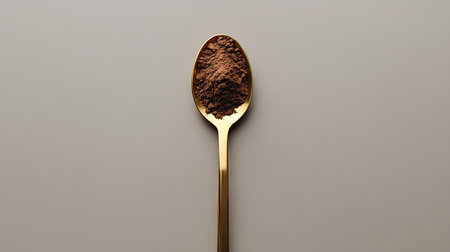 A golden spoon filled with fine cocoa powder, styled against a muted gray background for a modern aesthetic.の素材