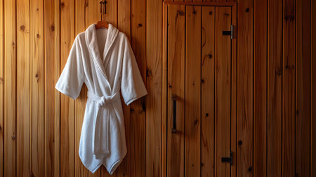 A freshly steamed white bathrobe hanging beside a sauna door with warm wood paneling.の素材