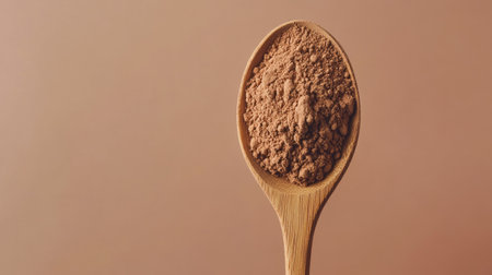 A heaping wooden spoon of cocoa powder isolated on a soft brown background, complementing the natural tones.の素材