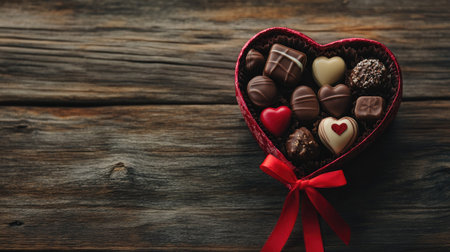 A heart-shaped box filled with assorted Valentine's Day chocolates, tied with a red ribbon for a romantic giftの素材