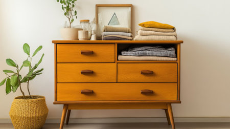 A mid-century modern chest of drawers with wooden knobs, featuring folded clothes inside and minimalist decor on top.の素材