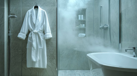 A luxurious white bathrobe hanging next to a steamy glass shower in a sleek contemporary bathroom.の素材