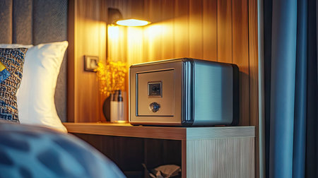 A hotel room with a visible metal safe on a wooden shelf, ensuring guests' valuables are secureの素材