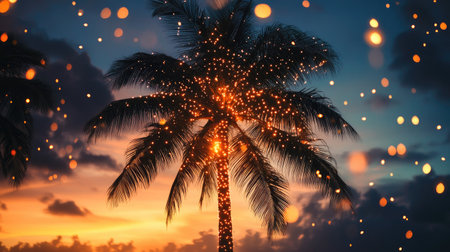A palm tree adorned with sparkling lights, its silhouette standing out against the dark night sky.の素材