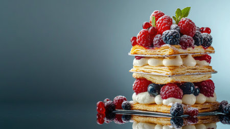 A millefeuille dessert tower layered with vanilla cream and mixed berries, showcased on a reflective glass surface.の素材