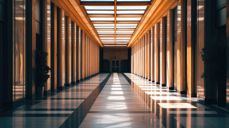 A long, empty corridor in a public building, with sunlight streaming through skylights and creating a warm, inviting glowの素材
