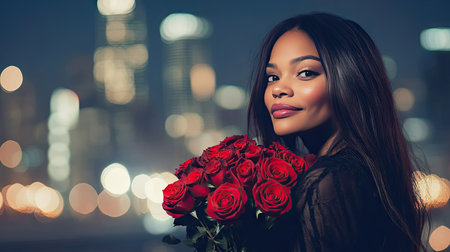 A joyful woman posing with a bouquet of red roses, with a cityscape in the background during Valentine's Dayの素材