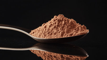 A heaping spoonful of cocoa powder on a glossy black surface, highlighted against a seamless black background.の素材